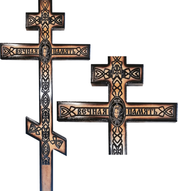 Крест сосновый мореный с надписью «Вечная память», иконой и винтажным декором (автоматизированная фрезеровка)